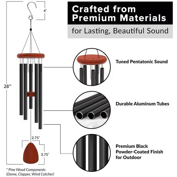 Vokome  28" Wind Chimes for Outside, Deep Tone Aluminium Wind Chimes with Wind Catcher, Memorial Gift for Mom, Garden & Patio Decor, Black
