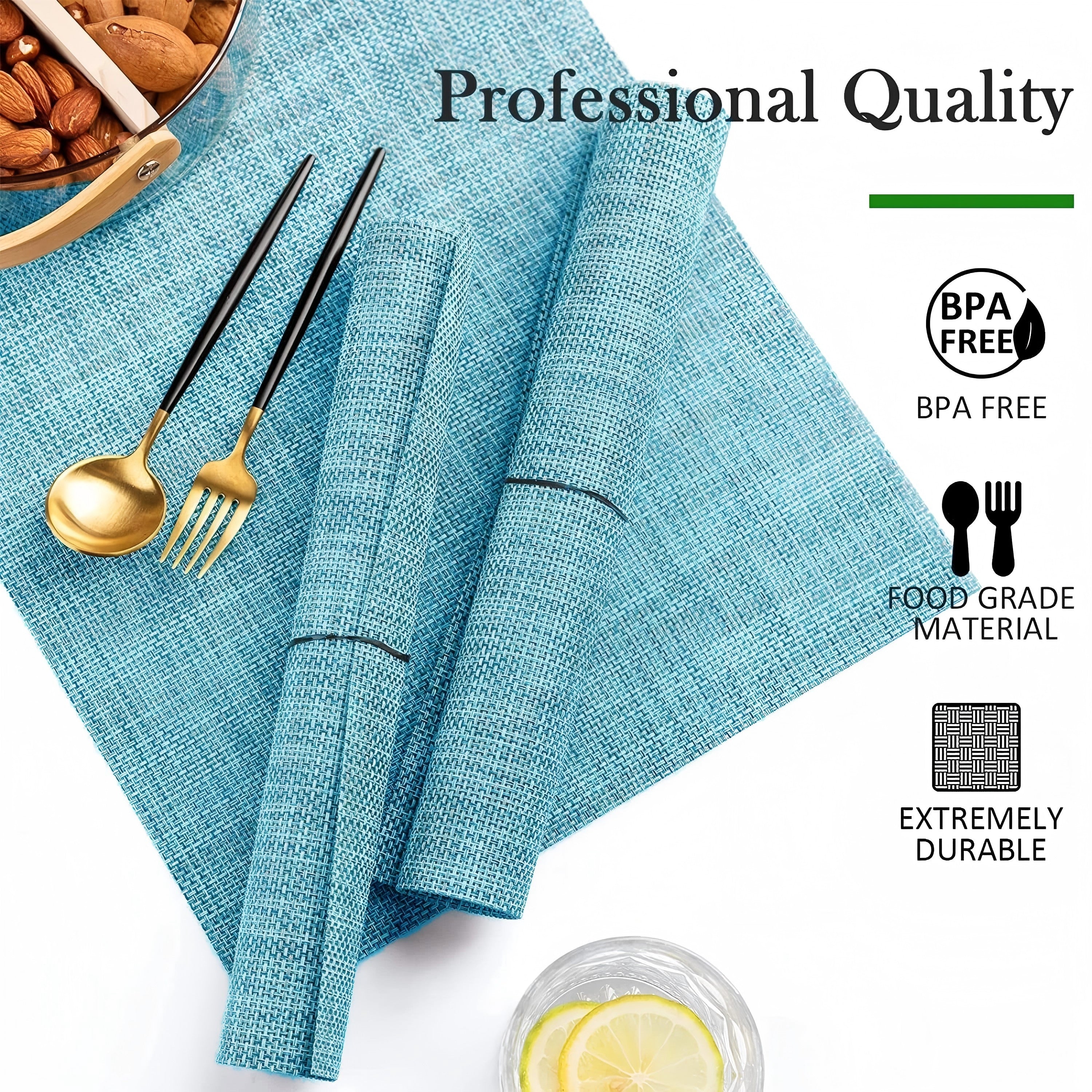 Evlmd Placemats, Vinyl Woven Place Mats for Kitchen Table Indoor/Outdoor, Washable Wipeable Dining Blue Placemats Set of 4, 12x18 Inch