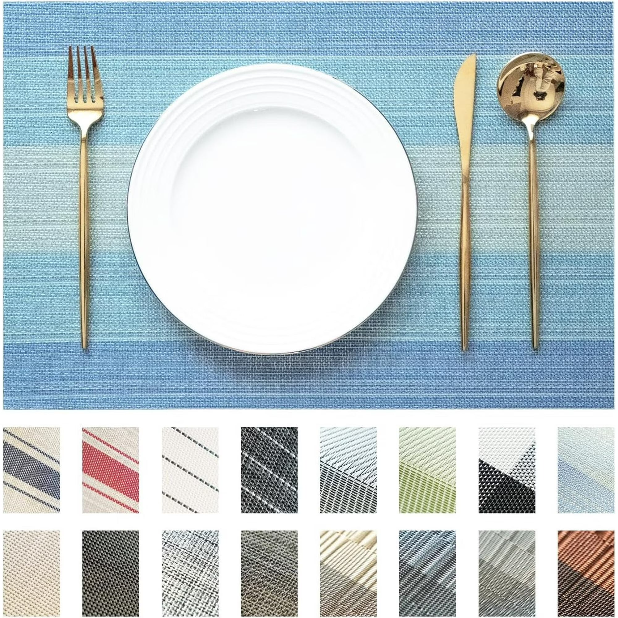 Evlmd Placemats, Vinyl Woven Place Mats for Kitchen Table Indoor/Outdoor, Washable Wipeable Dining Blue Placemats Set of 4, 12x18 Inch