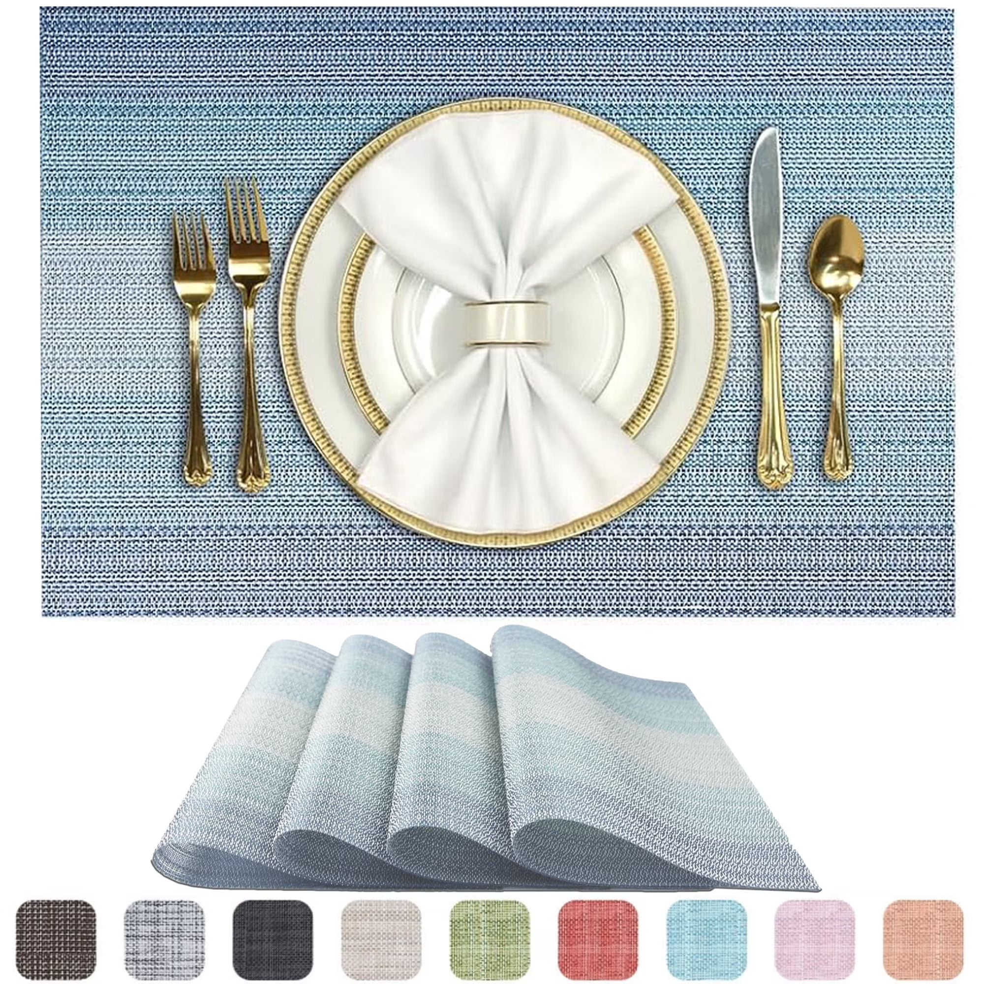 Evlmd Placemats, Vinyl Woven Place Mats for Kitchen Table Indoor/Outdoor, Washable Wipeable Dining Blue Placemats Set of 4, 12x18 Inch