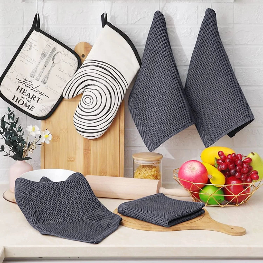 Evlmd Kitchen Towels，6-Pack Dish Towels 100% Cotton Waffle Weave Ultra Soft Absorbent Quick Drying Dish Rags，Dish Cloths， Dishcloths Sets，Tea Dowels for Kitchen，Bar Towels,12x12 Inches, Gray