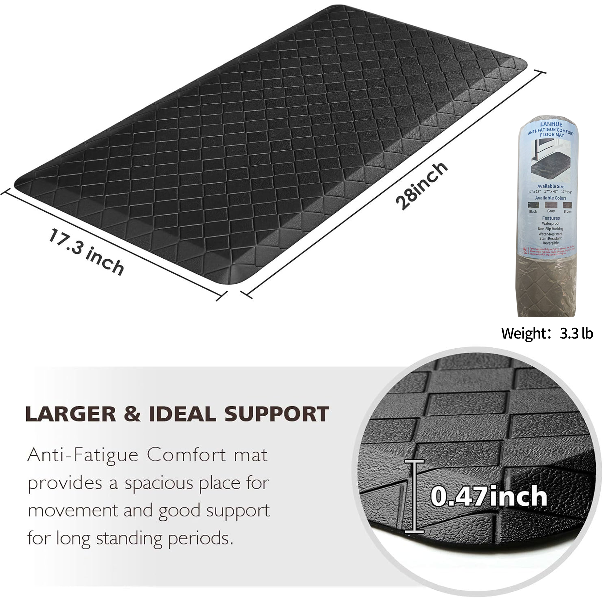 LANHUE  Anti-Fatigue Floor Mat , Memory Foam Rug, Waterproof PVC Padded Comfort Mat for Kitchen Sink, Laundry Room, Office, Black